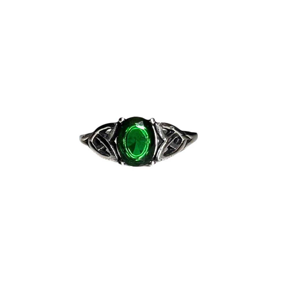 Stainless Steel Celtic ring with Triquetras and cz Emerald
